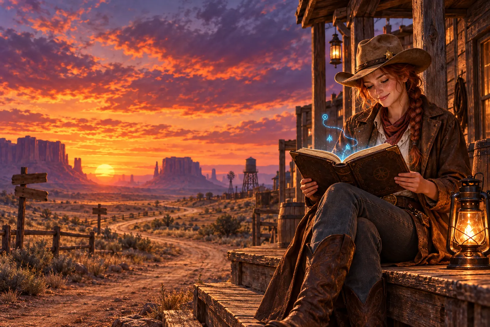 Jebbie on a frontier porch at sunset, reading a glowing almanac by a lantern, a desert road and mesas behind her.