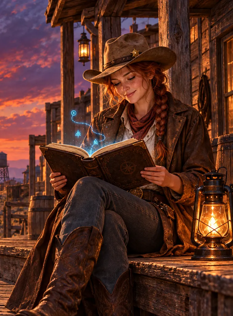 Jebbie reading the almanac on the porch steps, lantern beside her.