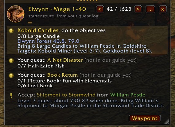The Jebbie's Almanac guide window in game, with Jebbie's portrait and the title Elwynn, Mage 1-40, step 42 of 1623. The current step is Kobold Candles, 0 of 8 Large Candle, at Elwynn Forest 40.8, 79.0, with the targets and their levels. Below are two quests not yet in the guide, the next step, Accept Shipment to Stormwind from William Pestle, about 790 XP, and a Waypoint button.
