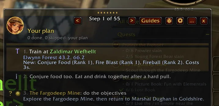 A route step: train at Zaldimar Wefhellt in Elwynn Forest, with the new spells and their cost.