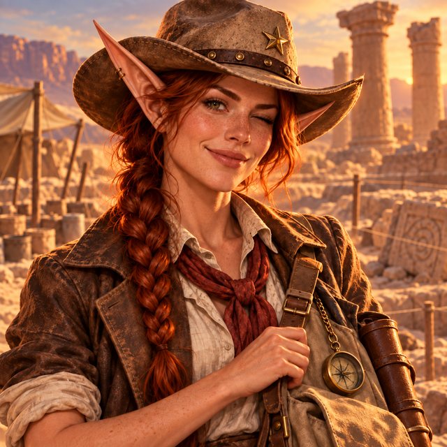 Jebbie as the legend: a painted portrait of the red-haired elf in her worn hat with a brass star, winking, with desert ruins behind her.