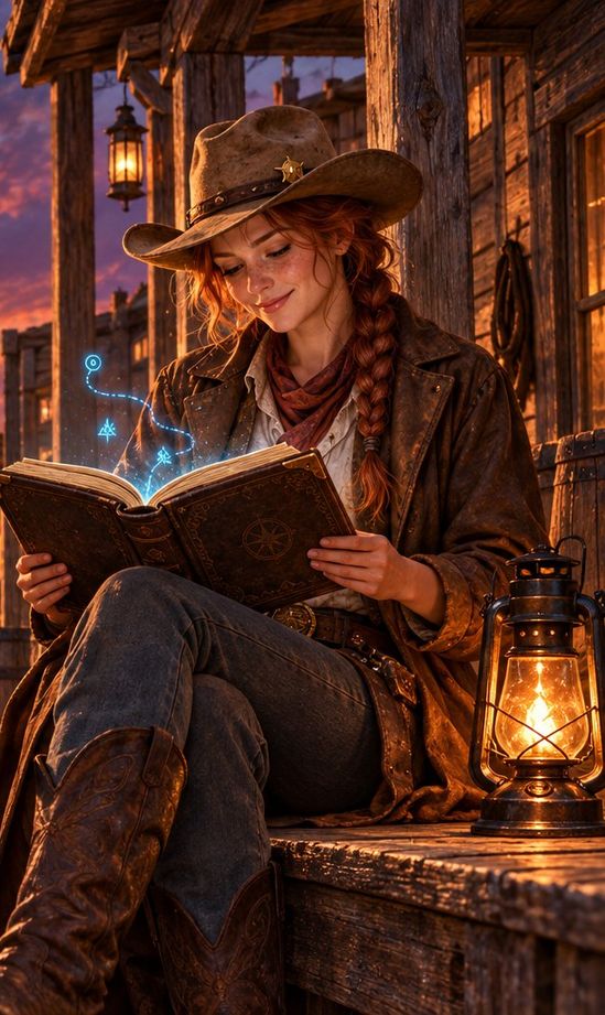Jebbie, a red-haired cowgirl with a long braid, a brown hat and a red bandana, sits on a wooden porch at sunset reading an old almanac whose pages glow with little blue map marks, a lantern burning beside her.