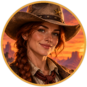 Portrait of Jebbie in her brown hat, smiling, with a sunset behind her.