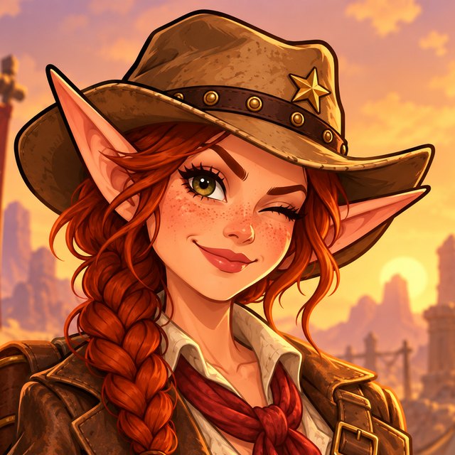Jebbie as the adventurer: the same elf drawn in a bold toon style, freckled and winking under her brass-star hat, with a red banner bearing a brass star behind her.
