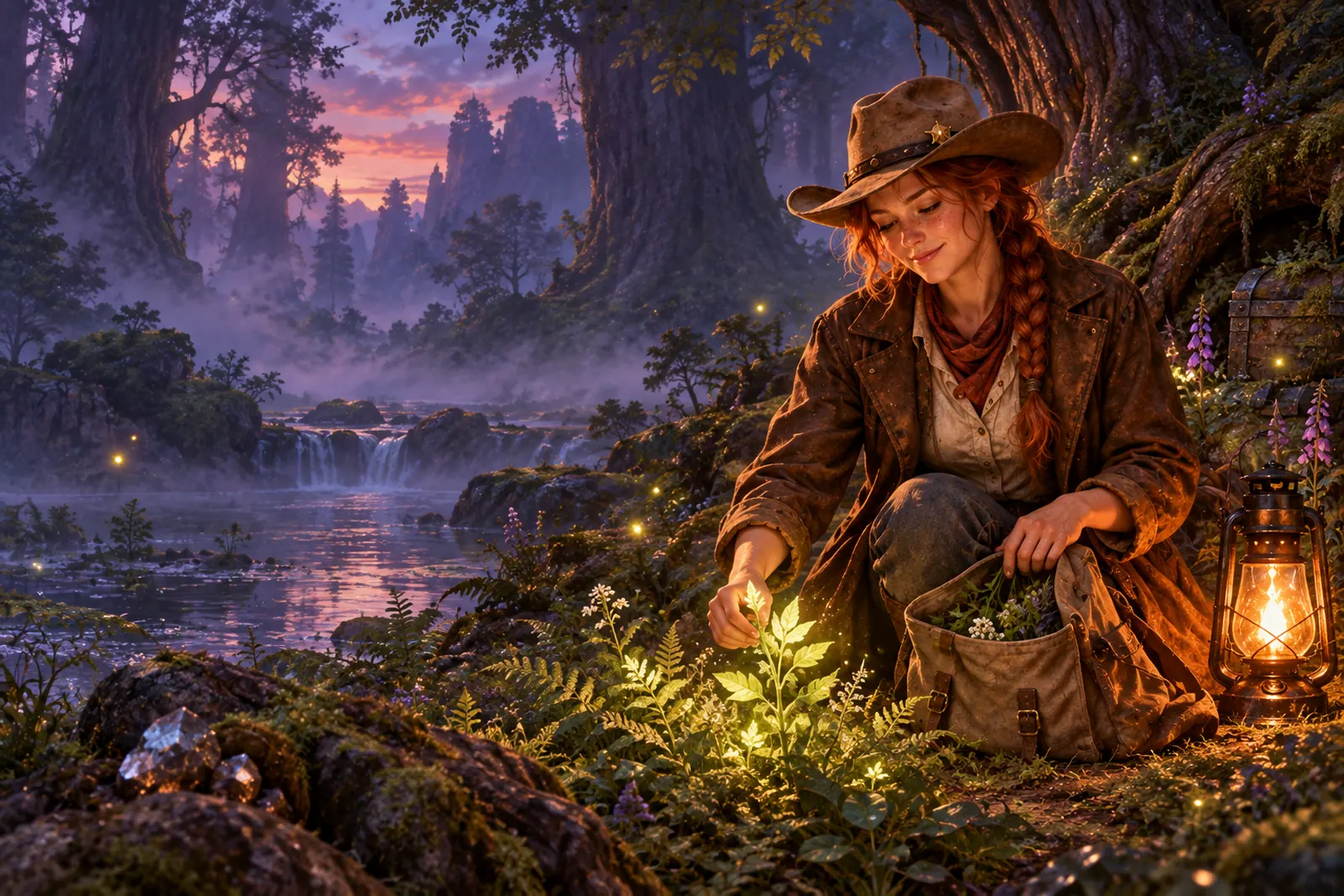 Jebbie kneeling in a misty forest glade at twilight, gathering a softly glowing herb into her satchel by lantern light.