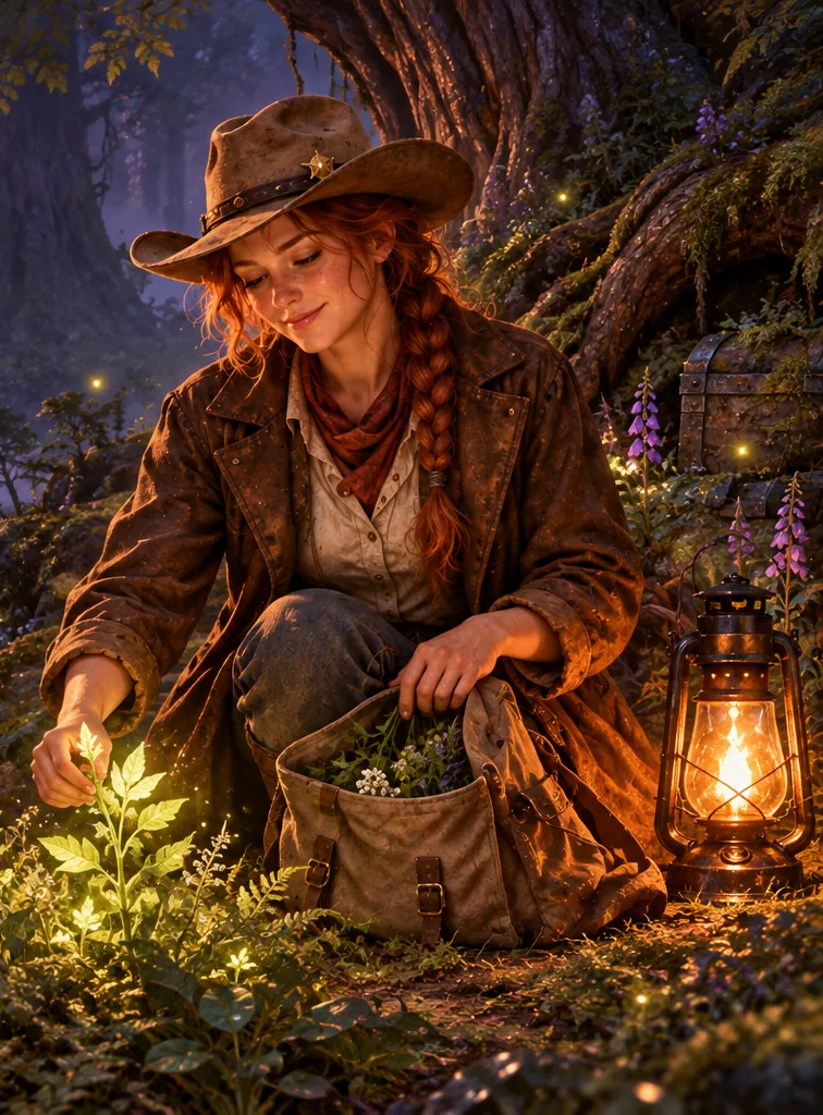 Jebbie kneeling beside a glowing herb, her satchel open, a lantern at her side.