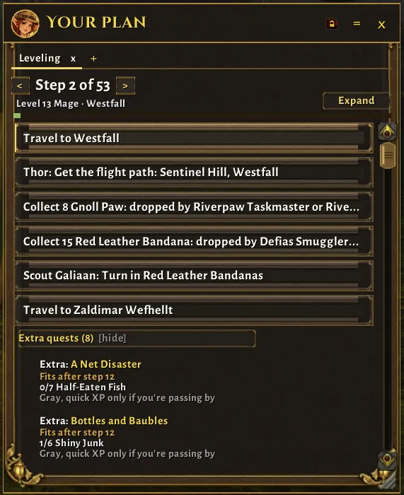 The Your plan window in Compact view at step 2 of 53, one line per stop, from Travel to Westfall and Thor: Get the flight path: Sentinel Hill, Westfall to Travel to Zaldimar Wefhellt. Below, Extra quests (8) lists A Net Disaster and Bottles and Baubles, each with where it fits (after step 12) and a note that gray quests are quick XP only if you are passing by.