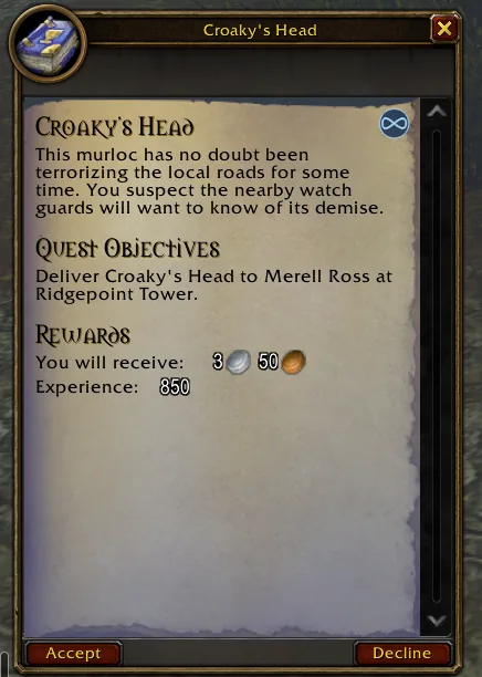 The quest window for Croaky's Head, new in WoW Forever: a blue infinity badge in the top corner of the parchment, the quest text, the objective to deliver Croaky's Head to Merell Ross at Ridgepoint Tower, and rewards of 3 silver 50 copper and 850 experience.
