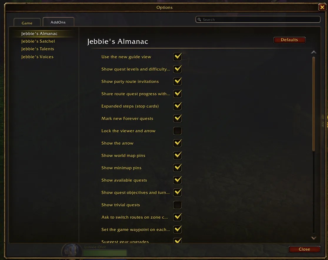The game's Options window on the AddOns tab, showing the Jebbie's Almanac page: checkboxes for the new guide view, quest levels, party route invitations, expanded steps (stop cards), marking new Forever quests, the arrow, world map and minimap pins, available quests, the game waypoint and gear upgrades, with a Defaults button. Jebbie's Satchel, Talents and Voices have their own pages in the list.