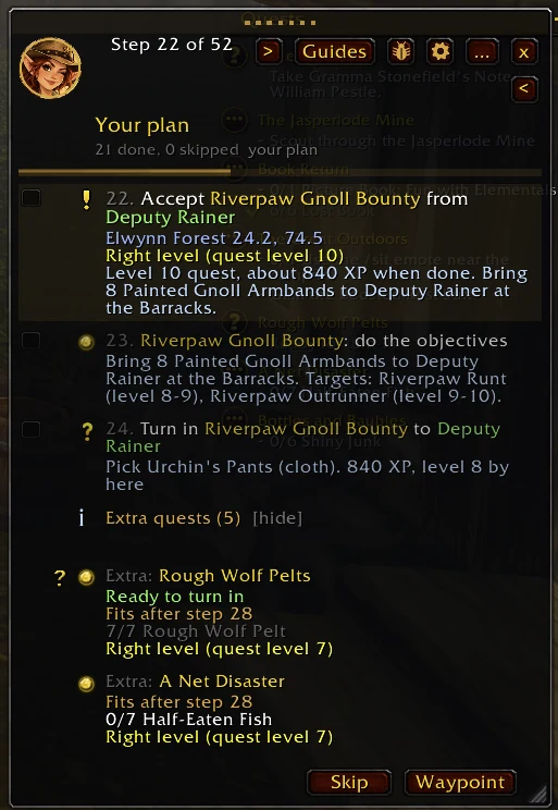 Your plan at step 22 of 52: accept Riverpaw Gnoll Bounty from Deputy Rainer, do the objectives, turn it in with a hint to pick Urchin's Pants (cloth), and two extra quests with where they fit.