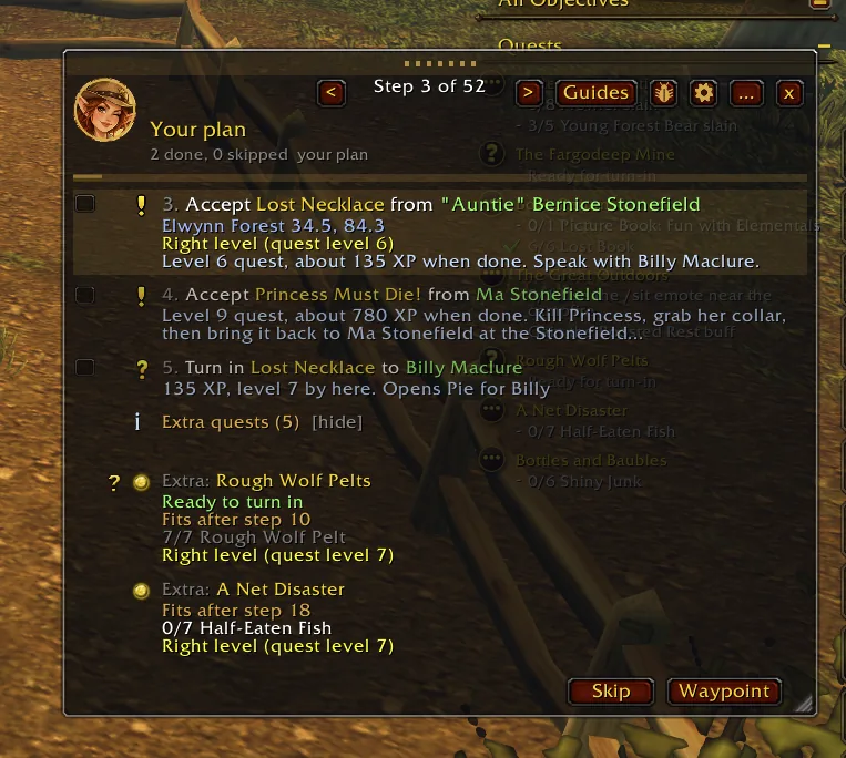 Your plan: step 3 of 52, accept Lost Necklace, with the quest levels and XP.
