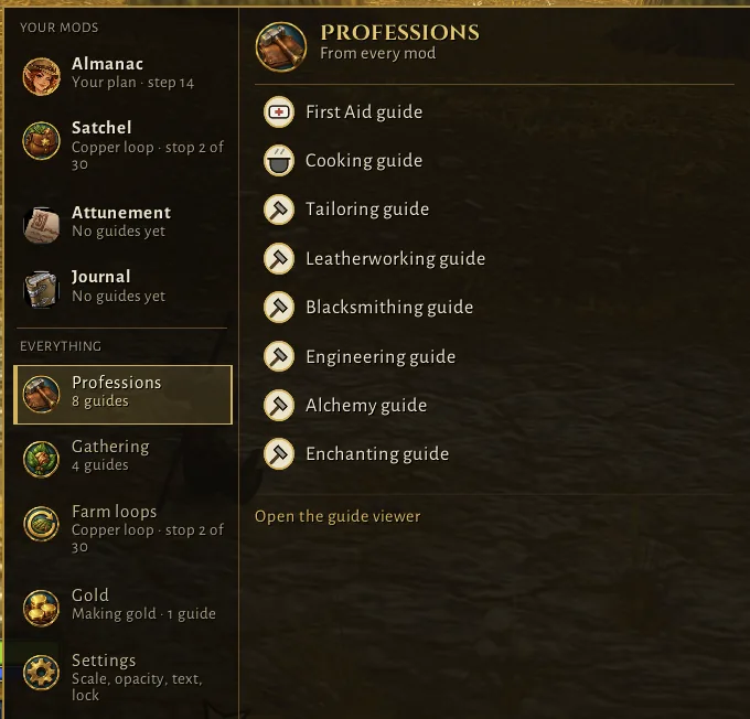 The Professions page of the Jebbie's menu, from every mod: guides for First Aid, Cooking, Tailoring, Leatherworking, Blacksmithing, Engineering, Alchemy and Enchanting, and a link to open the guide viewer.