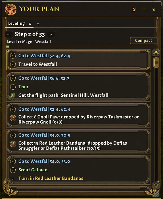 The Your plan window on a level 13 mage in Westfall, step 2 of 53, with expanded stop cards: go to Westfall 52.4, 62.4 and travel to Westfall; go to Westfall 56.6, 52.7, talk to Thor and get the flight path at Sentinel Hill; collect 8 Gnoll Paw from Riverpaw Taskmaster or Riverpaw Gnoll (0 of 8) and 15 Red Leather Bandana from Defias Smuggler or Defias Pathstalker (10 of 15); then turn in Red Leather Bandanas to Scout Galiaan.