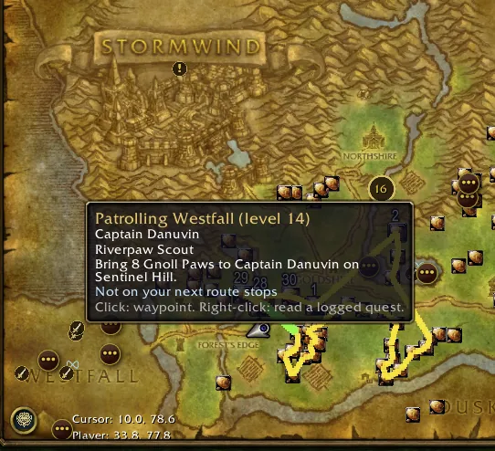 The world map of Elwynn Forest with route stops pinned between Goldshire and Westfall, numbered 1, 2, 16, 28, 29 and 30, and yellow outlines where quest objectives are. A tooltip on one pin reads Patrolling Westfall (level 14): bring 8 Gnoll Paws to Captain Danuvin on Sentinel Hill; not on your next route stops; click for a waypoint.