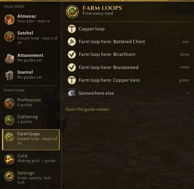 The Farm loops page of the Jebbie's menu: the Copper loop you are on, farm loops here for Battered Chest, Briarthorn, Bruiseweed and Copper Vein, and Somewhere else.