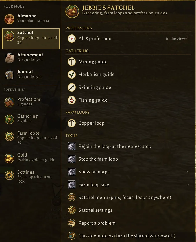 The Jebbie's menu with Jebbie's Satchel open: All 8 professions; Mining, Herbalism, Skinning and Fishing guides; the Copper loop; and tools to rejoin the loop at the nearest stop, stop the farm loop, show on maps, set the farm loop size, open the Satchel menu and settings, report a problem, and switch to the classic windows.
