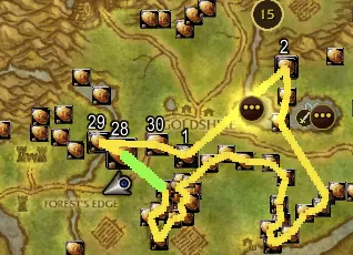 A close view of the world map with the Copper loop drawn in yellow around Goldshire: numbered stops 1, 2, 28, 29 and 30, copper vein pins along the way, and a green line from your position to the next stop.