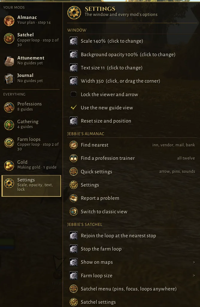The Settings page of the Jebbie's menu: window scale, background opacity, text size, width, lock and the new guide view; then the Almanac's tools; then Jebbie's Satchel: rejoin the loop, stop the farm loop, show on maps, farm loop size, Satchel menu and Satchel settings.