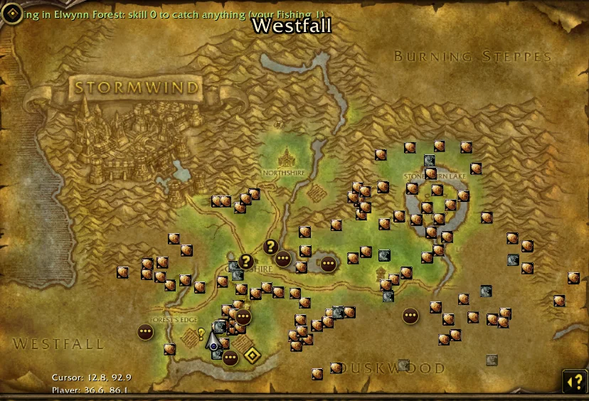 The Dun Morogh world map covered in copper and tin vein pins, orange and yellow for a miner at skill 60.