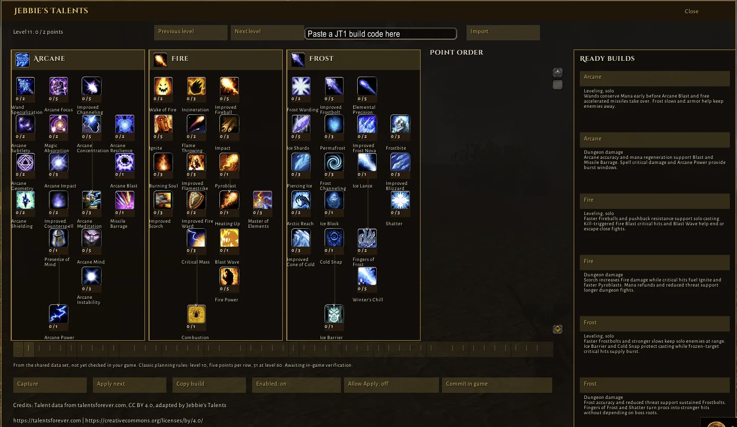 The Jebbie's Talents window on a level 11 mage: the Arcane, Fire and Frost trees with every talent icon and its ranks, a box to paste a build code, buttons for Capture, Apply next and Copy build, the talentsforever.com CC BY 4.0 credit line, and a Ready builds column with a leveling build and a dungeon build for each tree.